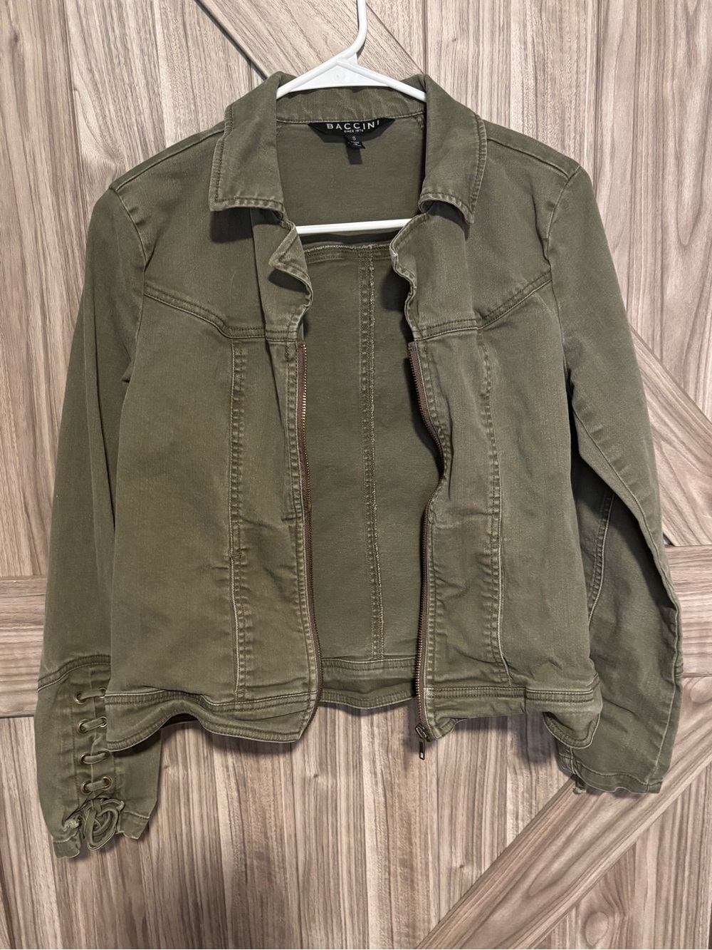 Baccini Olive Green Jean Jacket with Lace Cuff Detail